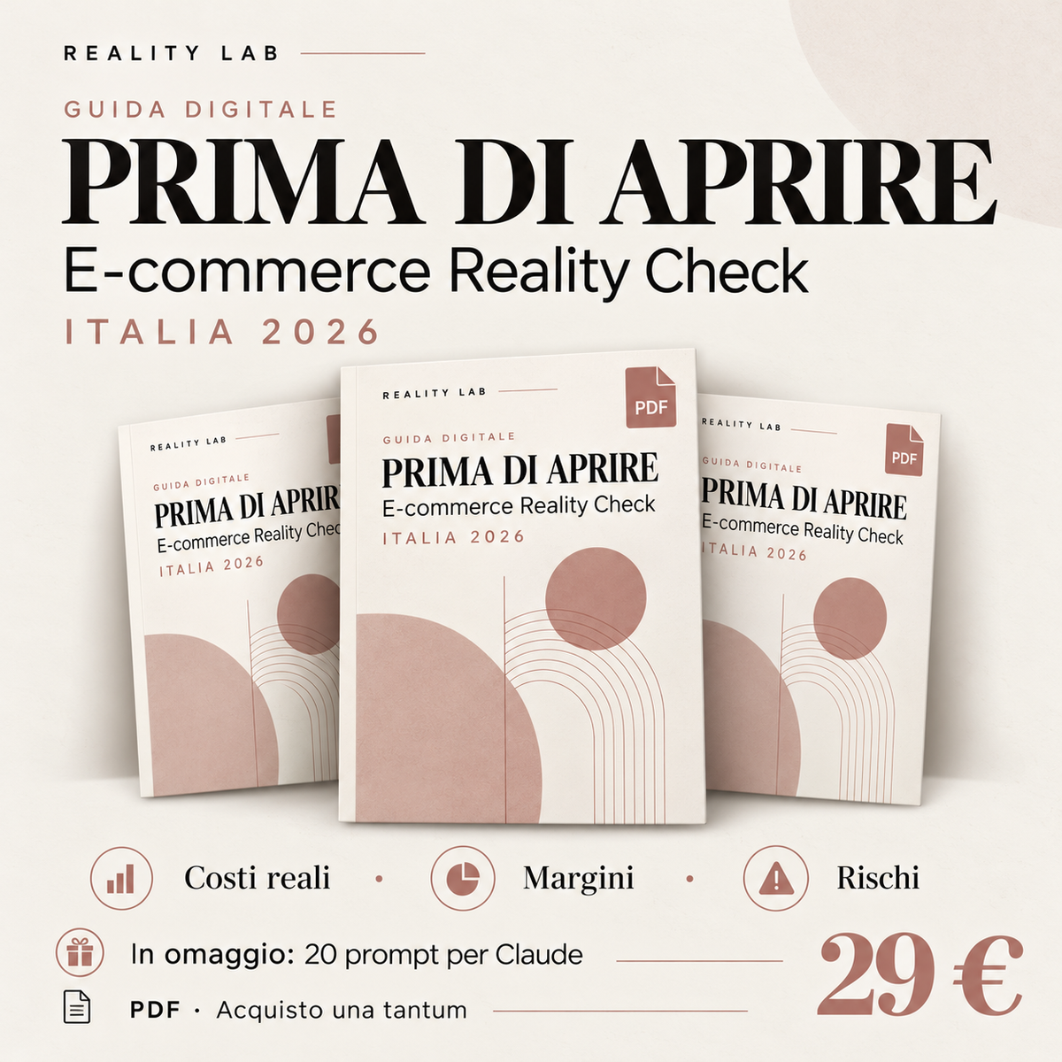 Prima di aprire: guida digitale Reality Lab, costi reali, margini e rischi, omaggio 20 prompt Claude, 29 euro.